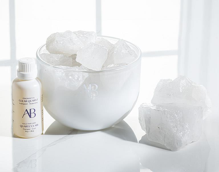 Clear Quartz Crystal Fragrance Bowl with Clarity & Exotic Guava Scent by Aromabotanical