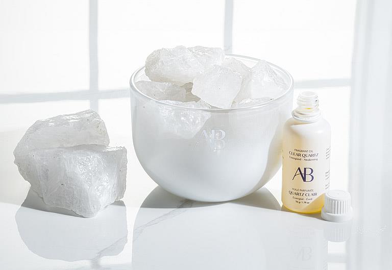Clear Quartz Crystal Fragrance Bowl with Clarity & Exotic Guava Scent by Aromabotanical