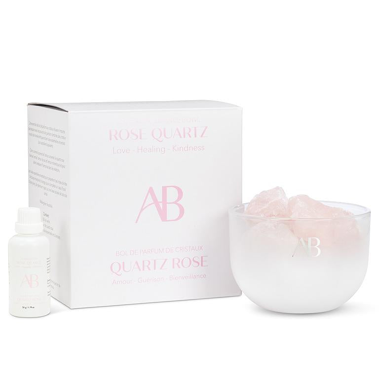 AB Rose Quartz skincare set with box, bowl, and bottle on a white background