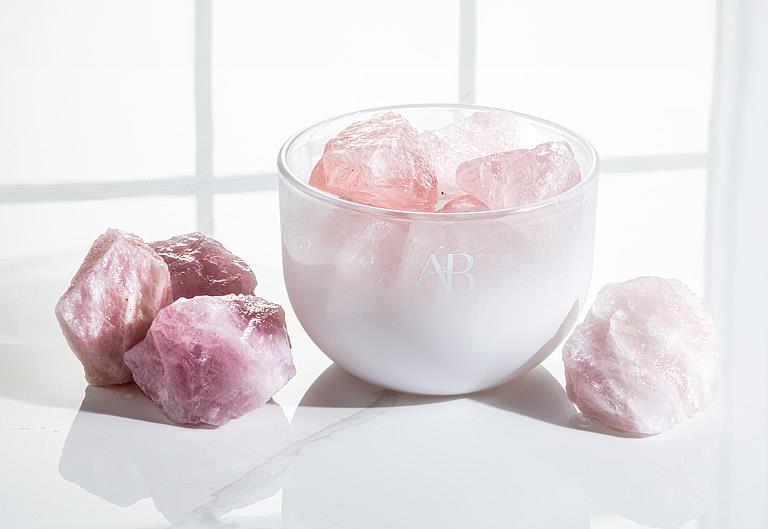 Rose Quartz Crystal Fragrance Bowl with Nurturing Love & Sandalwood Scent by Aromabotanical