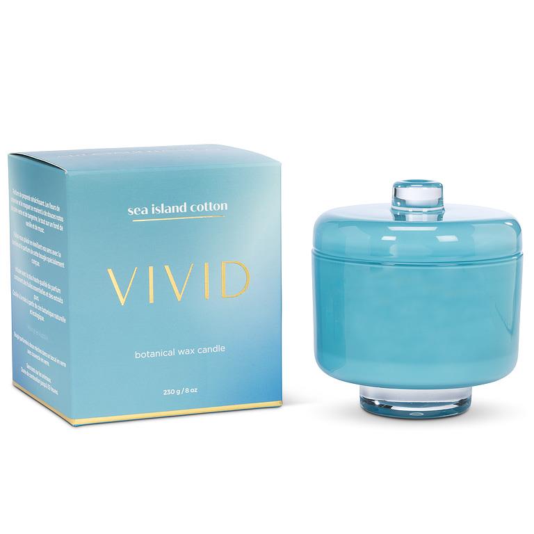 Blue candle with lid and packaging labeled 'Vivid' on a white background