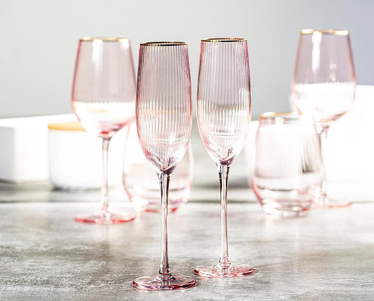 Optic Pink Champagne Flute with Gold Rim – 9oz | Set of 4
