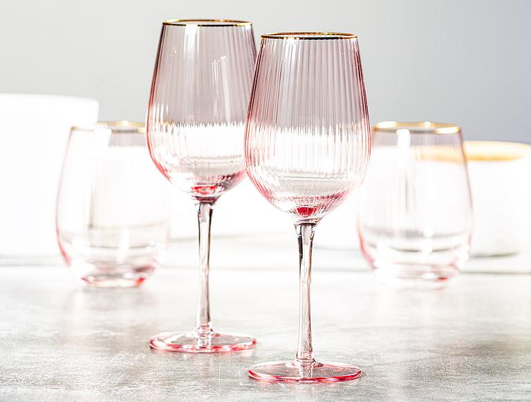 Optic Pink Wine Goblet with Gold Rim – 14oz | Set of 4