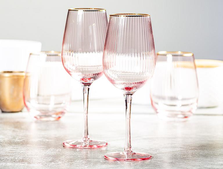 Optic Pink Wine Goblet with Gold Rim – 14oz | Set of 4
