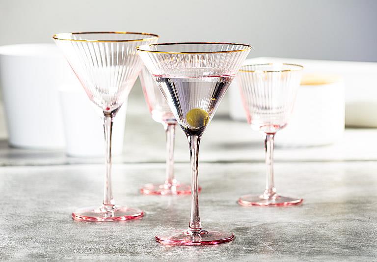 Optic Pink Martini Glass with Gold Rim – 10oz | Set of 4
