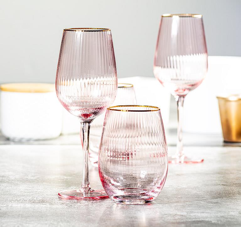 Optic Pink Stemless Wine Glass with Gold Rim – 18oz | Set of 4