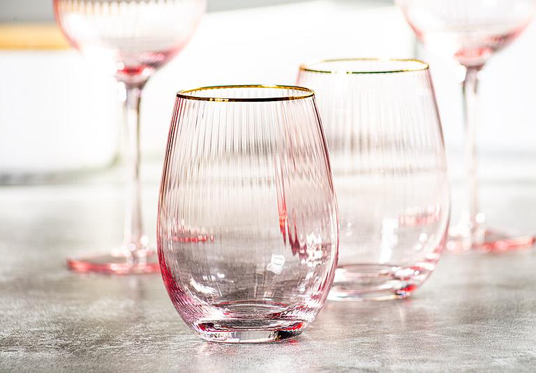 Optic Pink Stemless Wine Glass with Gold Rim – 18oz | Set of 4