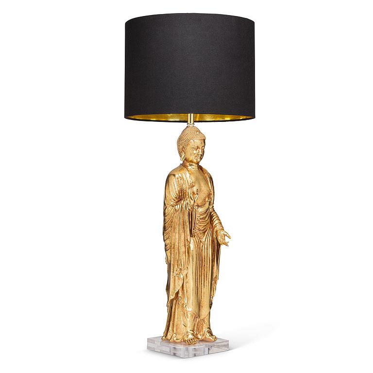 Standing Buddha Table Lamp – Gold Buddha Sculpture with Black Shade (21")