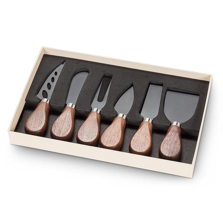 Walnut Handled Cheese Knives – Set of 6 | Black Teflon-Coated Stainless Steel Blades