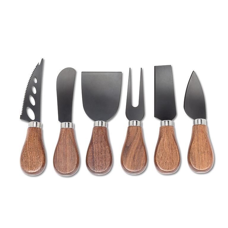 Walnut Handled Cheese Knives – Set of 6 | Black Teflon-Coated Stainless Steel Blades