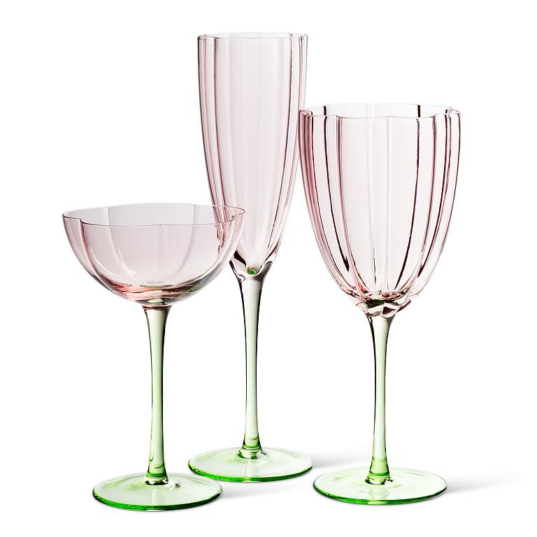 Flower Look Coupe Glasses – Set of 4 | Pink Coupe with Green Stem, Feminine Celebration Glassware (6 oz)