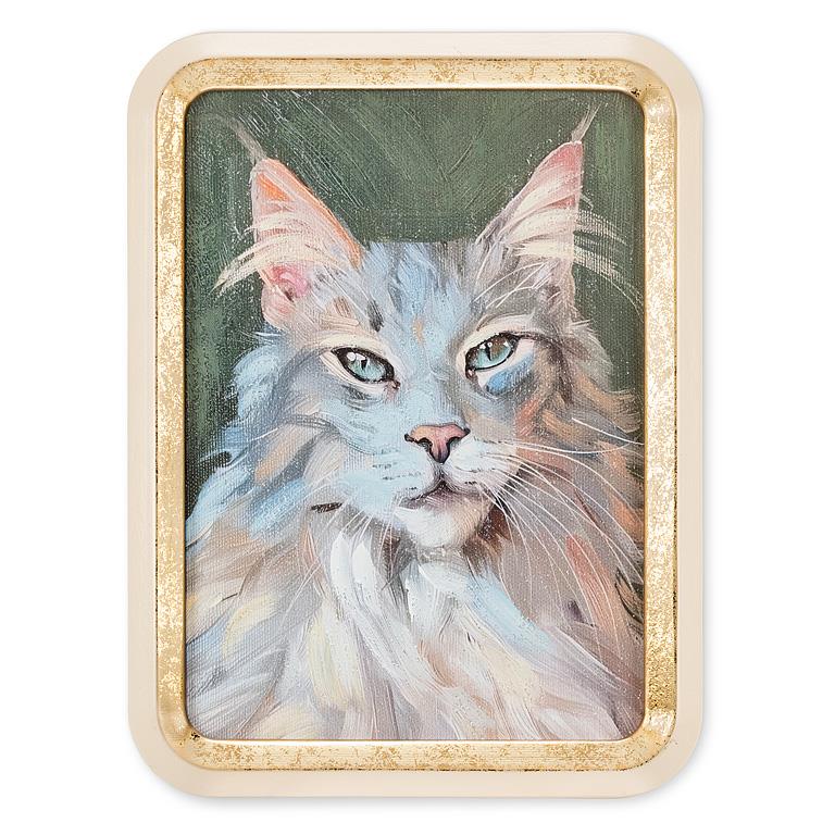 Painting of a cat with a gold frame on a white background