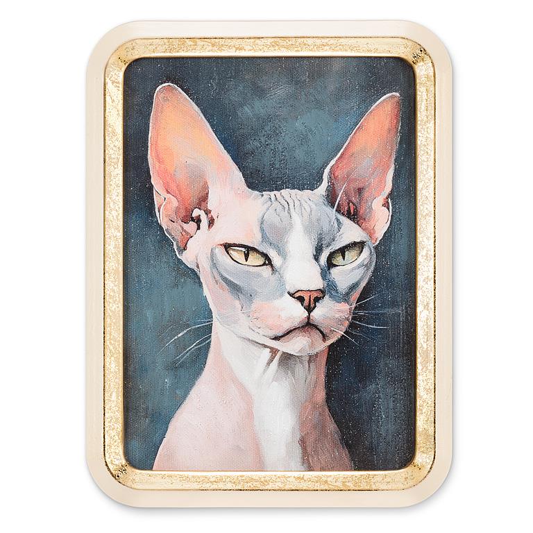 Artistic depiction of a Sphynx cat in a decorative frame with a blue background