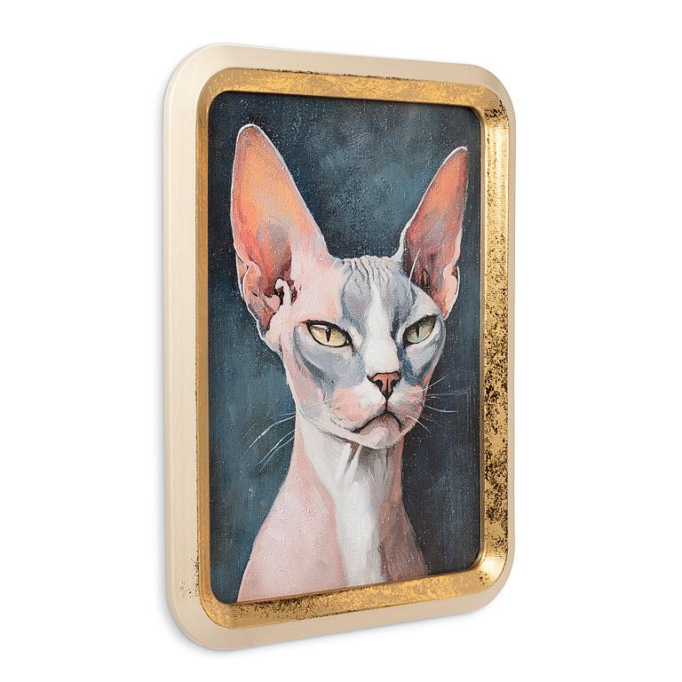 Framed artwork of a Sphynx cat with a gold border on a white background