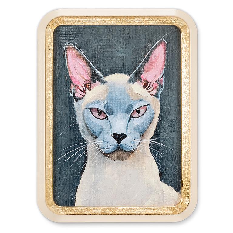 Framed artwork of a Siamese cat with a gold frame on a white background