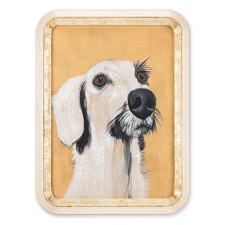 Painting of a dog's face on a gold background with a decorative frame.