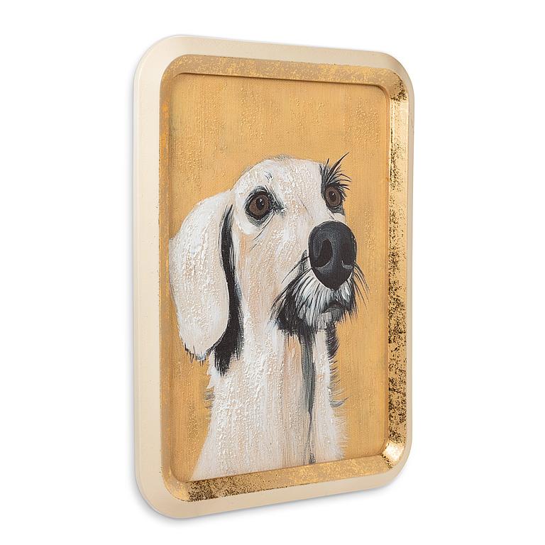 Framed artwork of a dog's face on a gold background