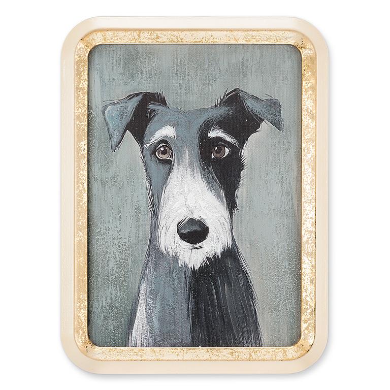 Framed artwork of a dog's face with a gold frame on a white background