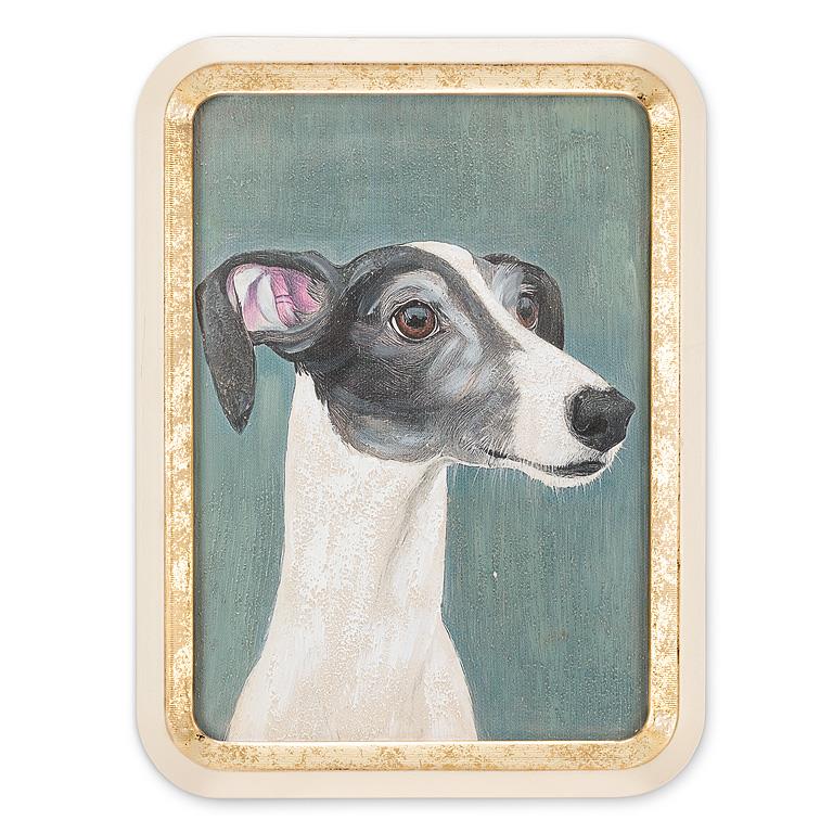 Framed artwork of a dog's face with a gold border on a white background