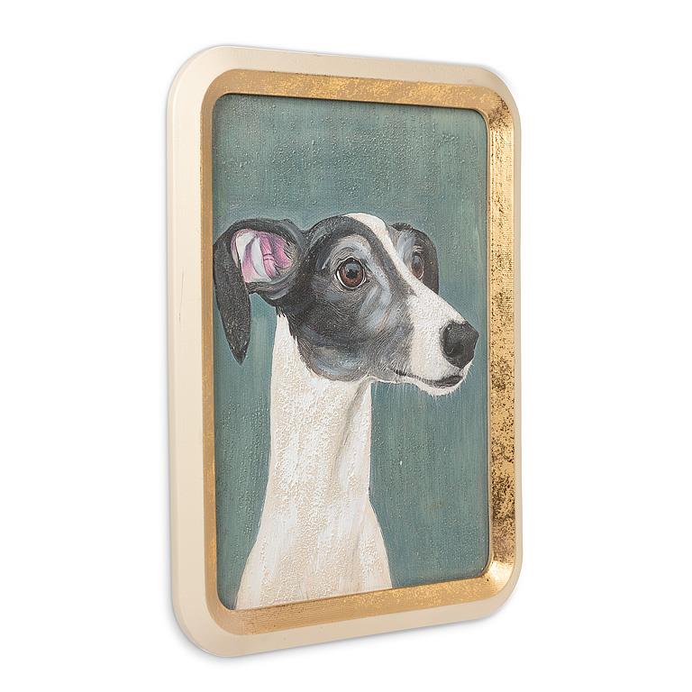 Framed artwork of a dog's portrait with a gold frame on a white background