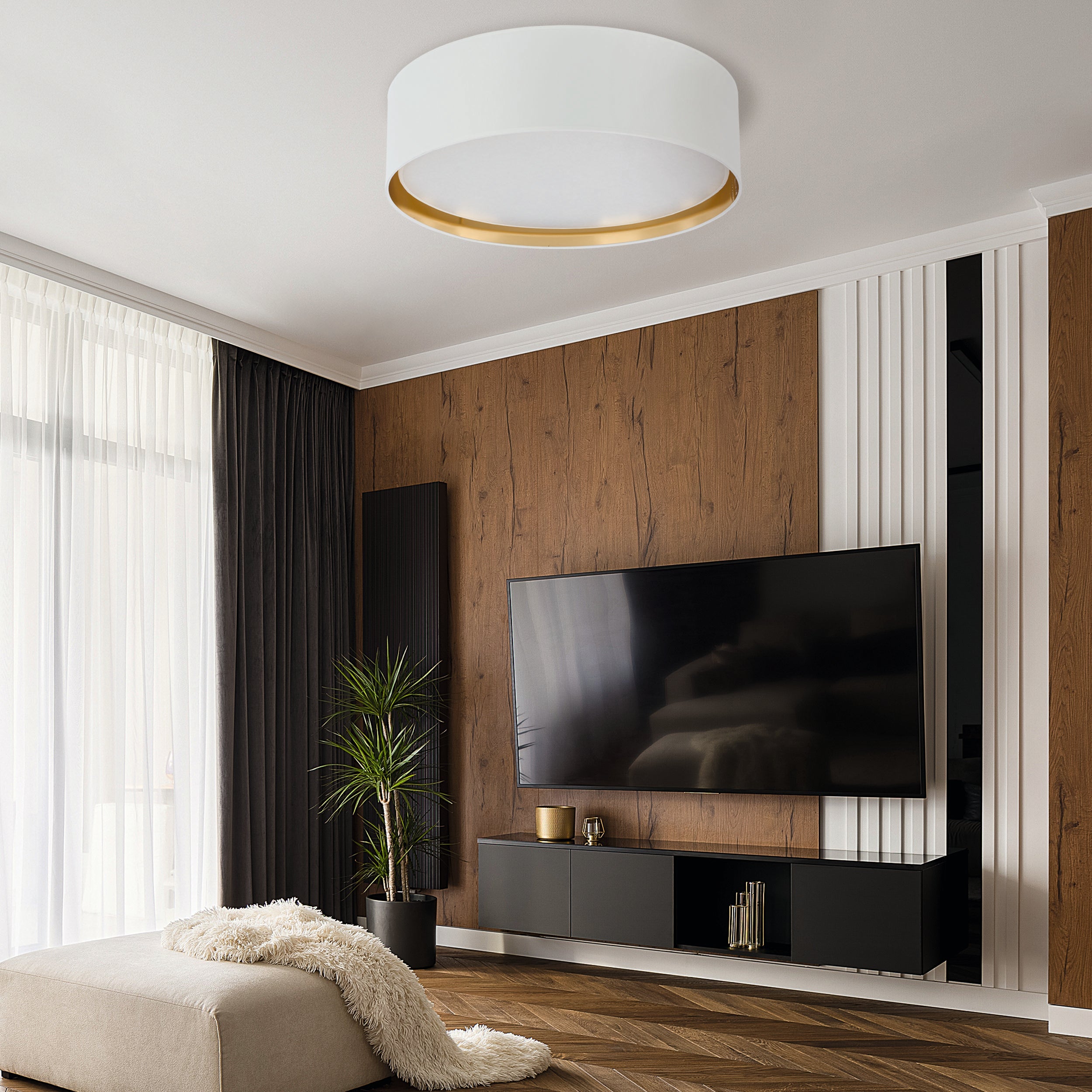 BILBAO Gold & Linen Large Flush Mount Ceiling Light for Bedroom, Hallway & Living Room