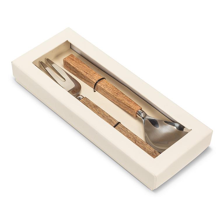Wooden utensil set with fork and spoon in a beige box on a white background
