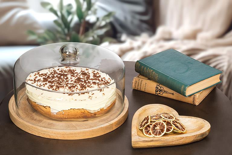 Large Covered Cheese & Cake Dome – Glass Display Dome with Mangowood Base (11.5")