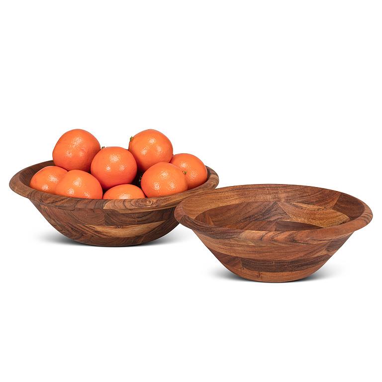 Large Patchwork Acacia Wood Low Bowl – 14"