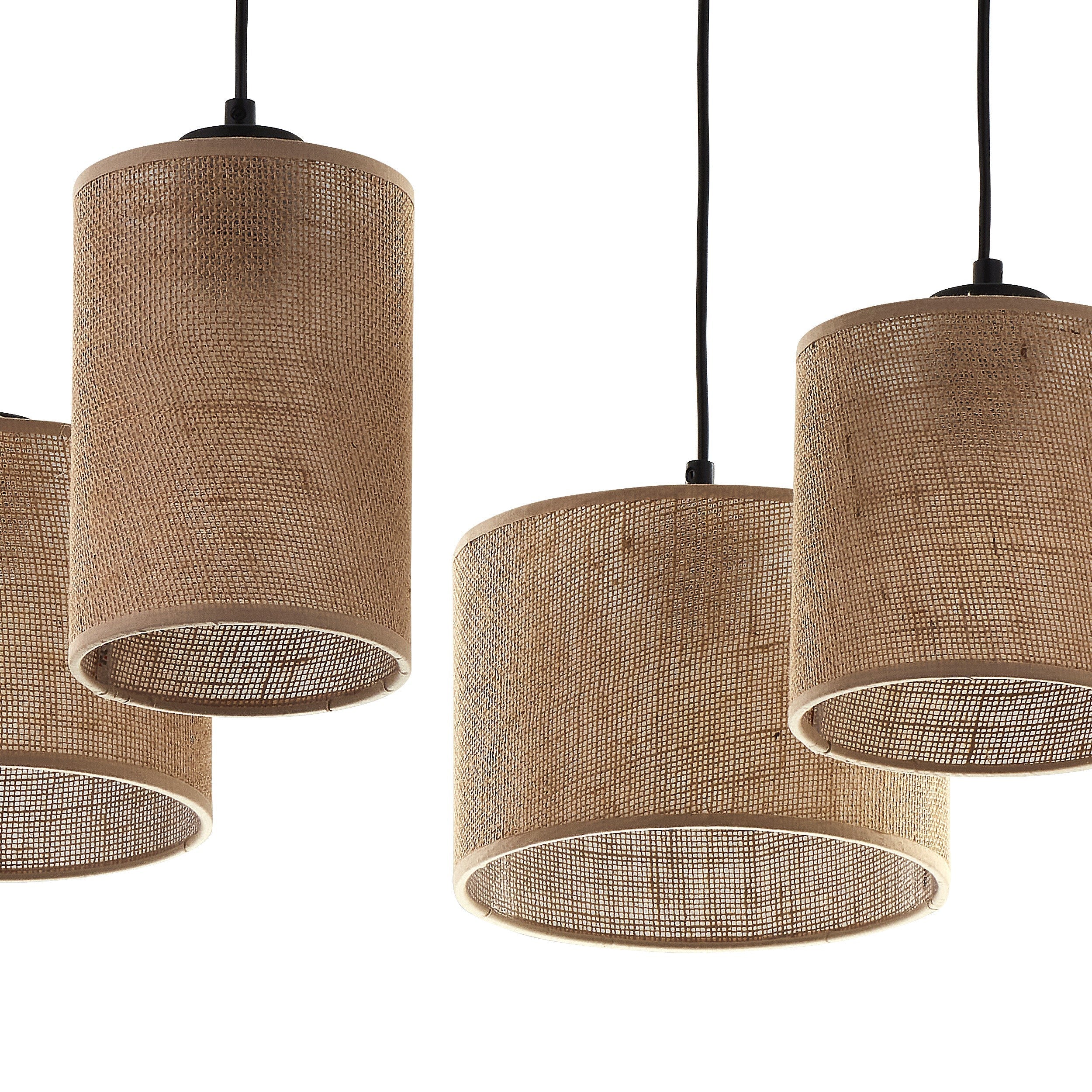 Set of four woven pendant lights on a white background