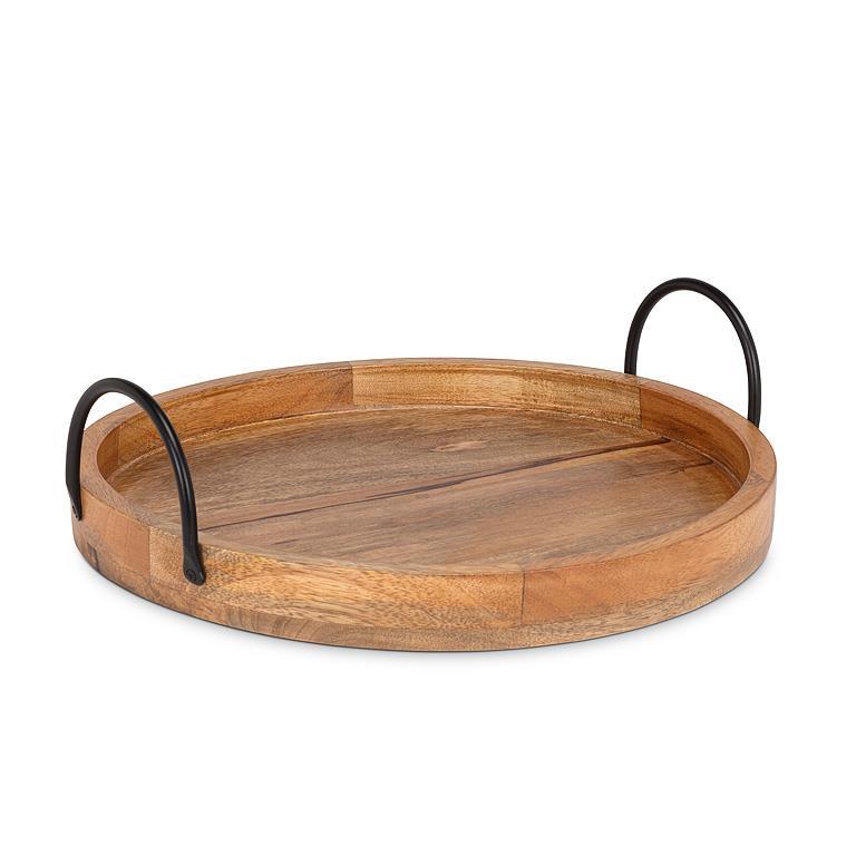 14" Round Wood Serving Tray with Handles β Natural Mangowood & Metal