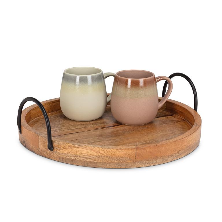 14" Round Wood Serving Tray with Handles β Natural Mangowood & Metal
