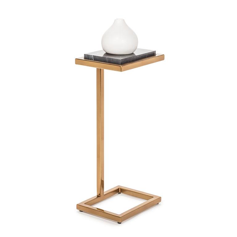 Accent C-Shaped Side Table with Black Marble Top – Brass Metal End Table (23")
