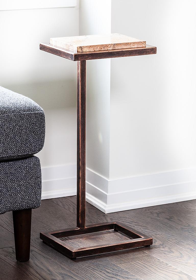 Accent C-Shaped Side Table with Black Marble Top – Brass Metal End Table (23")