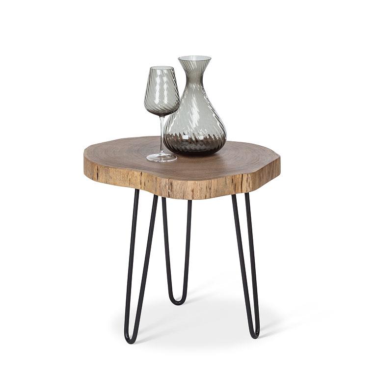 Small Tree Stump Side Table with Pin Legs – Mangowood & Black Metal Accent Table (14")