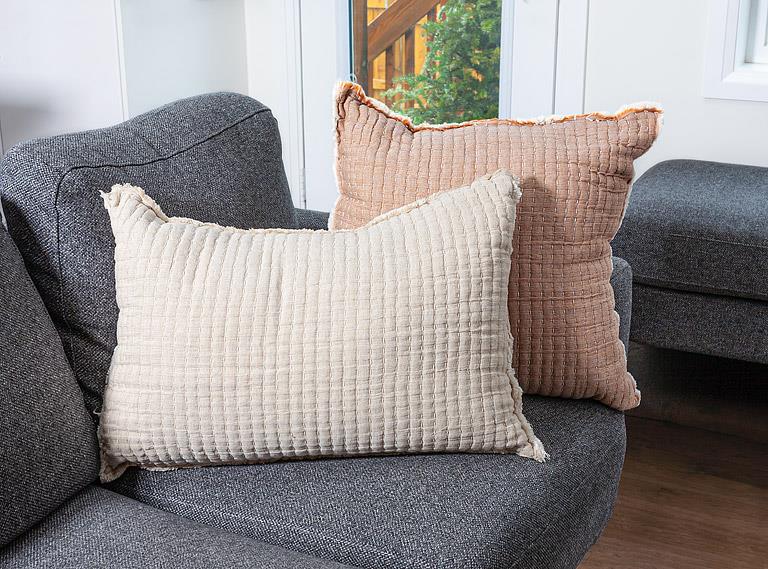 Overstitch Beige Kantha Cotton-Blend Rectangle Pillow – 16" x 24"