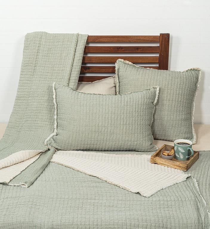 Overstitch Green Kantha Cotton-Blend Rectangle Pillow – 16" x 24"