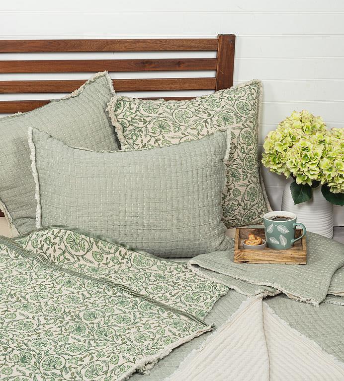 Overstitch Green Kantha Cotton-Blend Rectangle Pillow – 16" x 24"