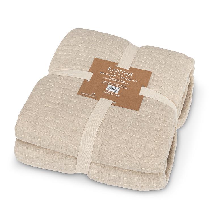 Overstitch Beige Kantha Cotton Coverlet – 90" Square