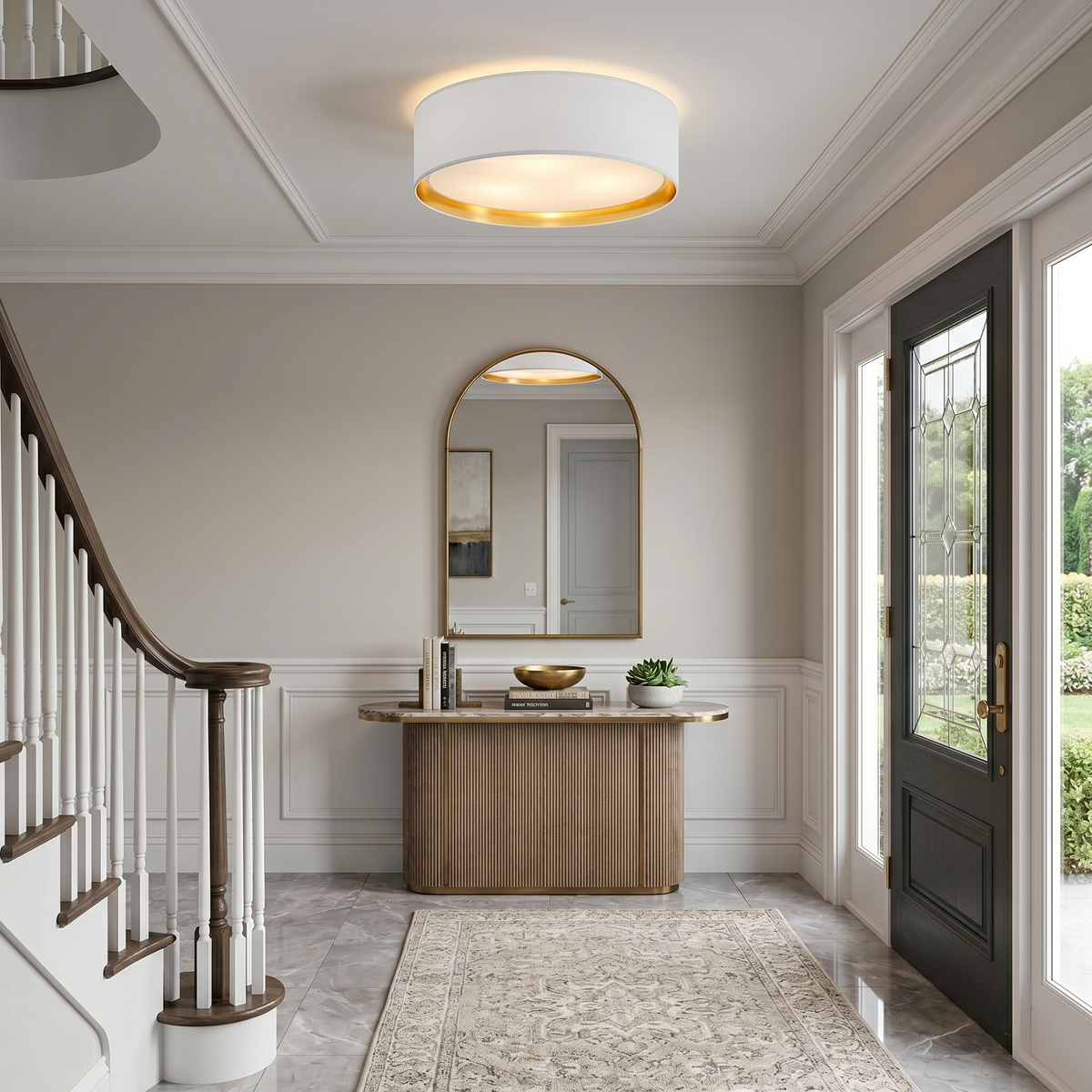 BILBAO Gold & Linen Large Flush Mount Ceiling Light for Bedroom, Hallway & Living Room
