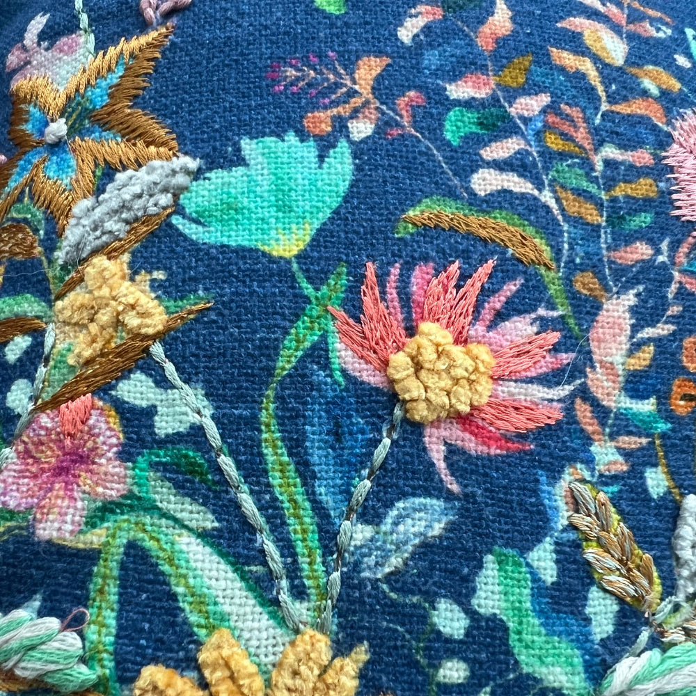 Blue Serenity Blooms Embroidered Pillow Cover Close up