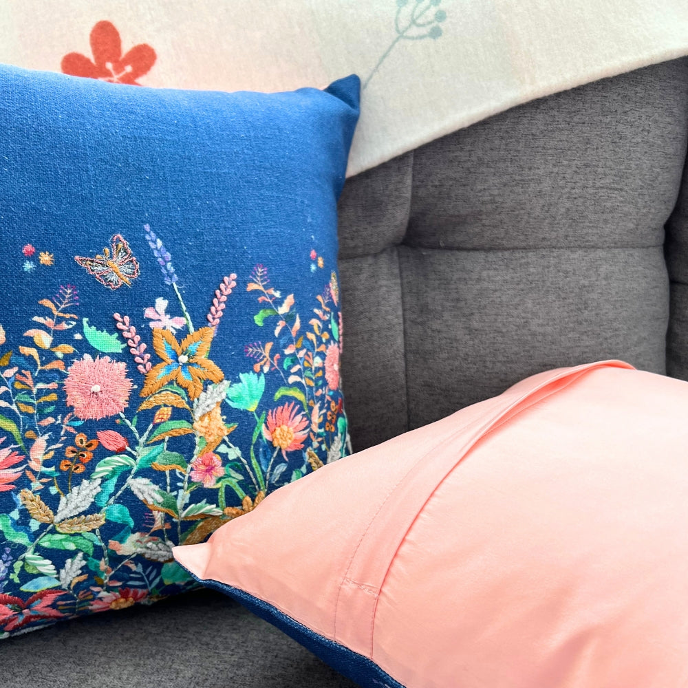 Blue Serenity Blooms Embroidered Pillow Cover Front and Back