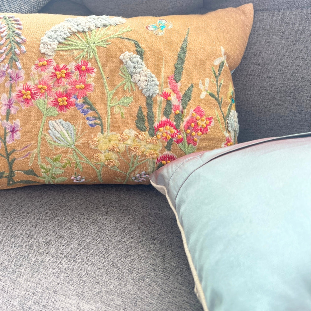 Mustard Floral Fusion Embroidered Pillow Cover Front & Back-#color_mustard