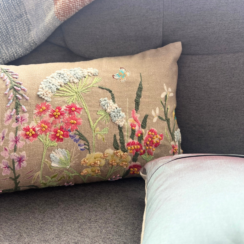Brown Floral Fusion Embroidered Pillow Cover Front & Back-#color_brown