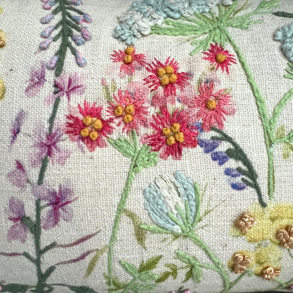 Beige Floral Fusion Embroidered Pillow Cover Closeup-#color_beige