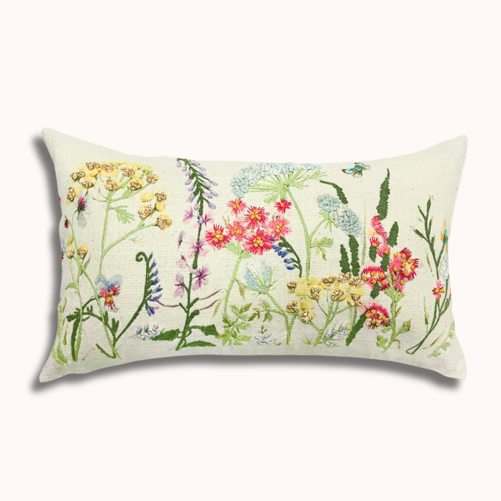 Beige Floral Fusion Embroidered Pillow Cover -#color_beige