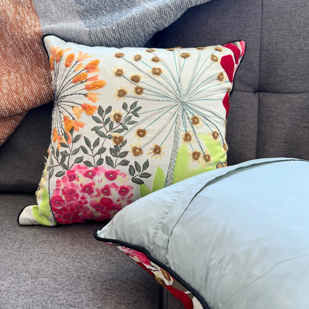 Floral Whispers Embroidered Pillow Cover Front and Back