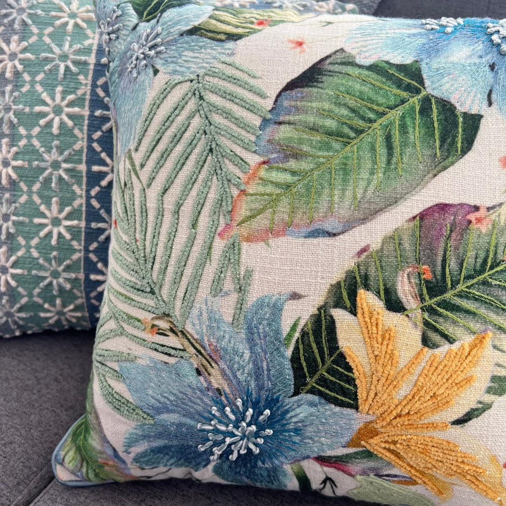 Garden Floral Embroidered Pillow Cover closeup