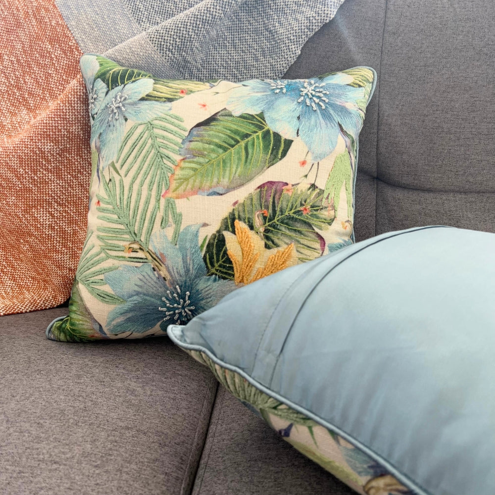 Garden Floral Embroidered Pillow Cover - front and back