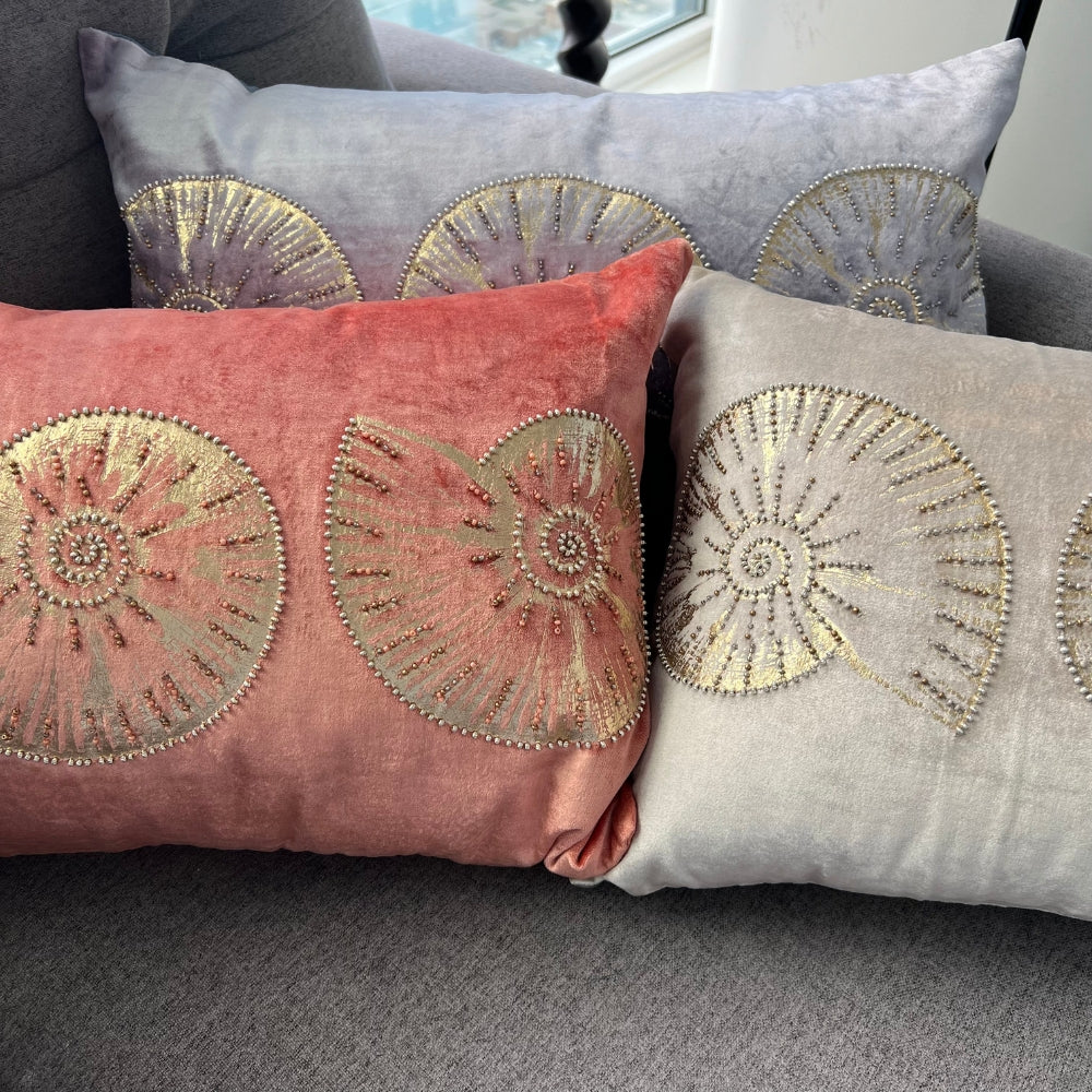 Golden Shell Velvet Lumbar Pillow Front and back trio