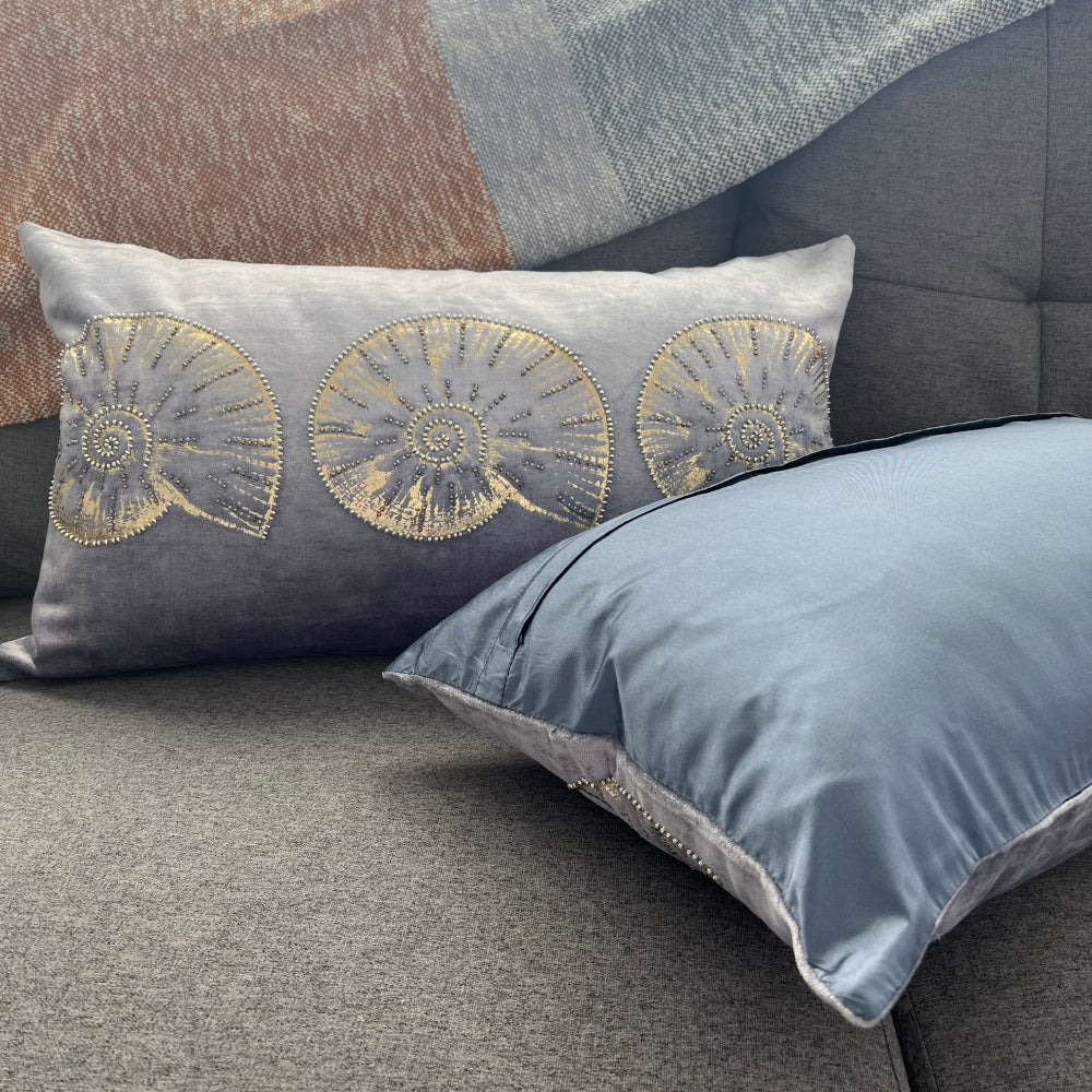 Golden Shell Velvet Lumbar Pillow Front and back #color_indigo